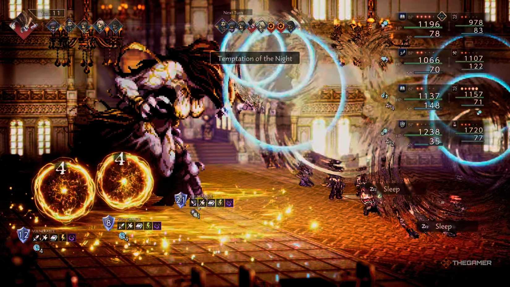 Herminia the Huntress casts Temptation of the Night against the party in Octopath Traveler 0.