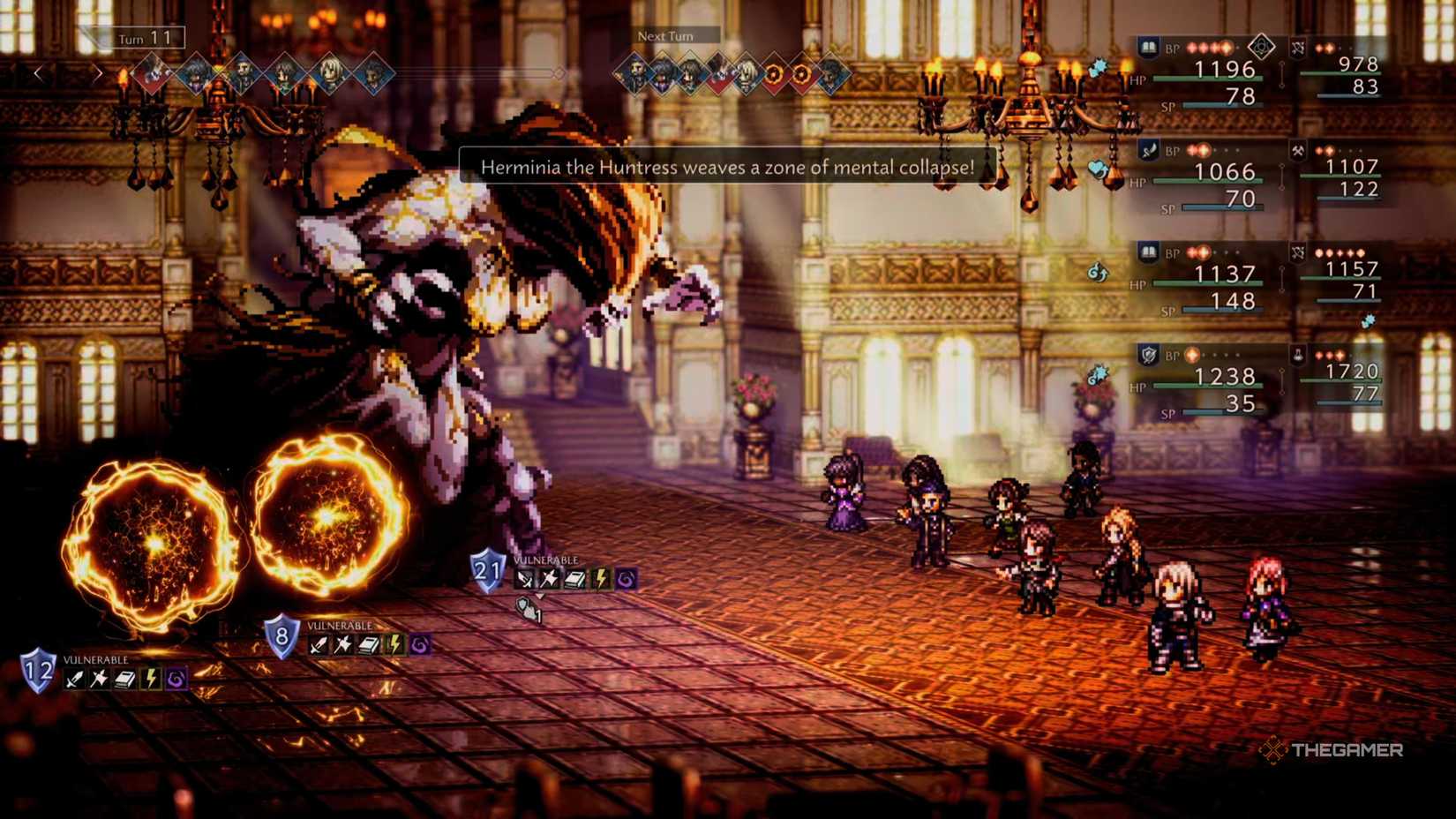 Herminia the Huntress creates a weave of mental collapse, summoning orbs against the party in Octopath Traveler 0.