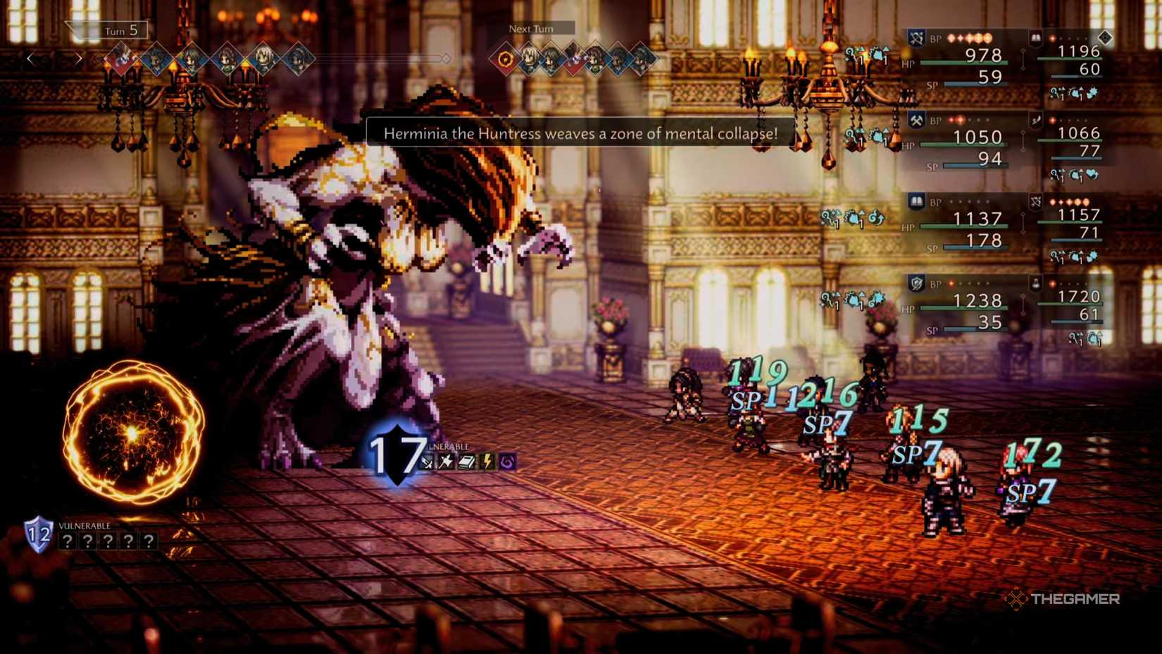 Herminia the Huntress creates a weave of mental collapse, summoning orbs and increasing her shields in Octopath Traveler 0.