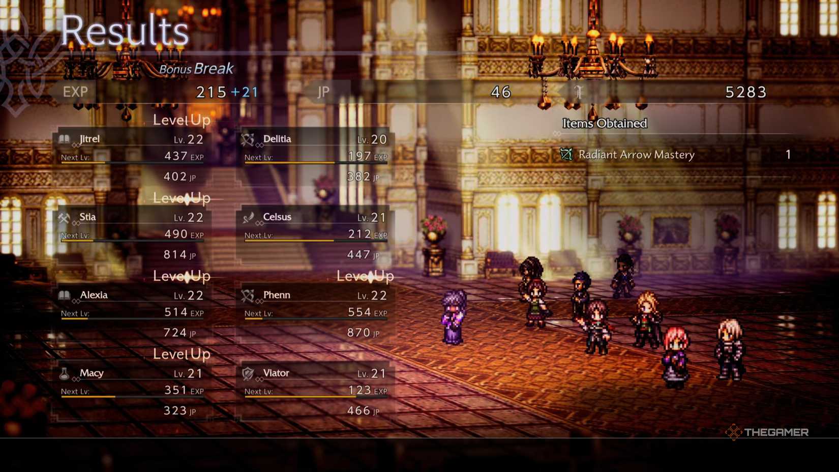 The results screen after defeating Herminia the Huntress in Octopath Traveler 0.