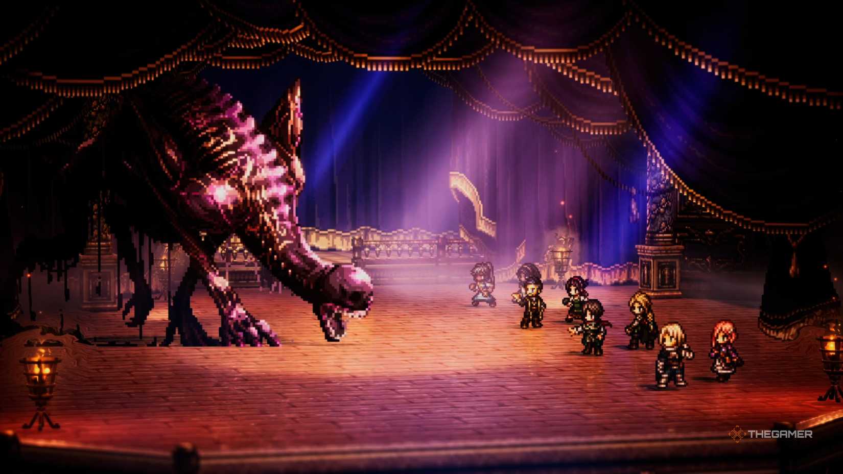 Огюст, Принц Воров, сражается с партией в Octopath Traveler 0.