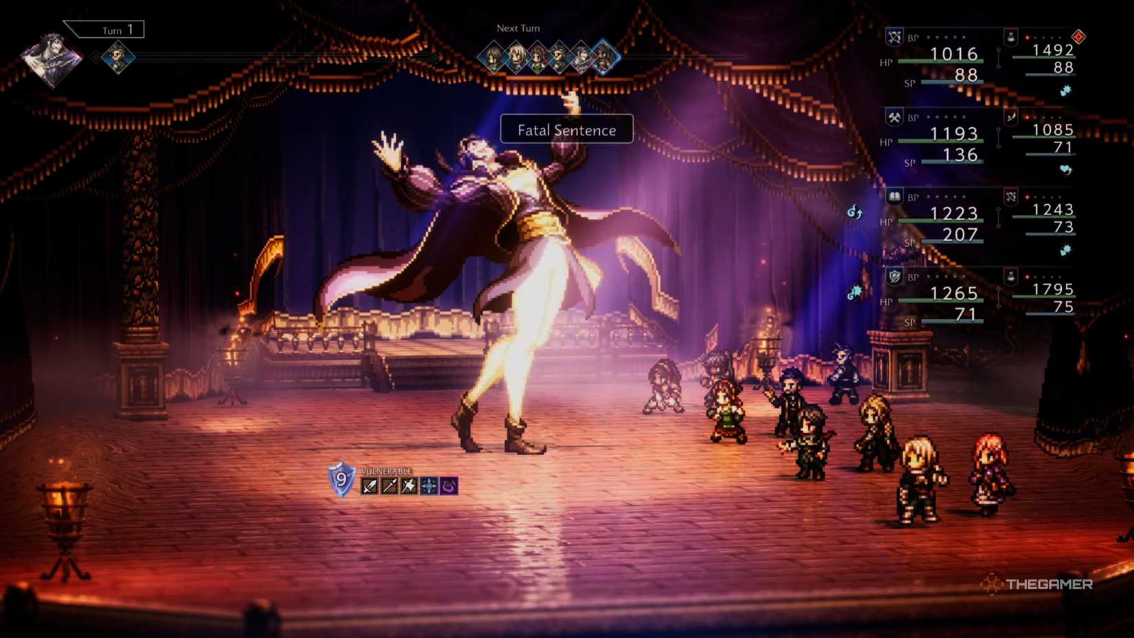 Огюст Драматург использует свой ход «Роковой Приговор» против партии в Octopath Traveler 0.