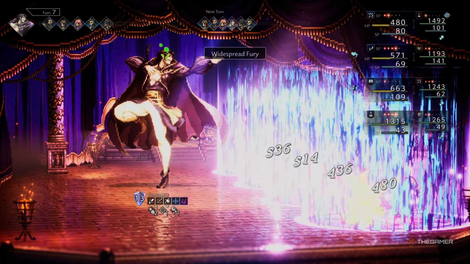 Огюст Драматург использует свой ход «Широкий Гнев» против партии в Octopath Traveler 0.