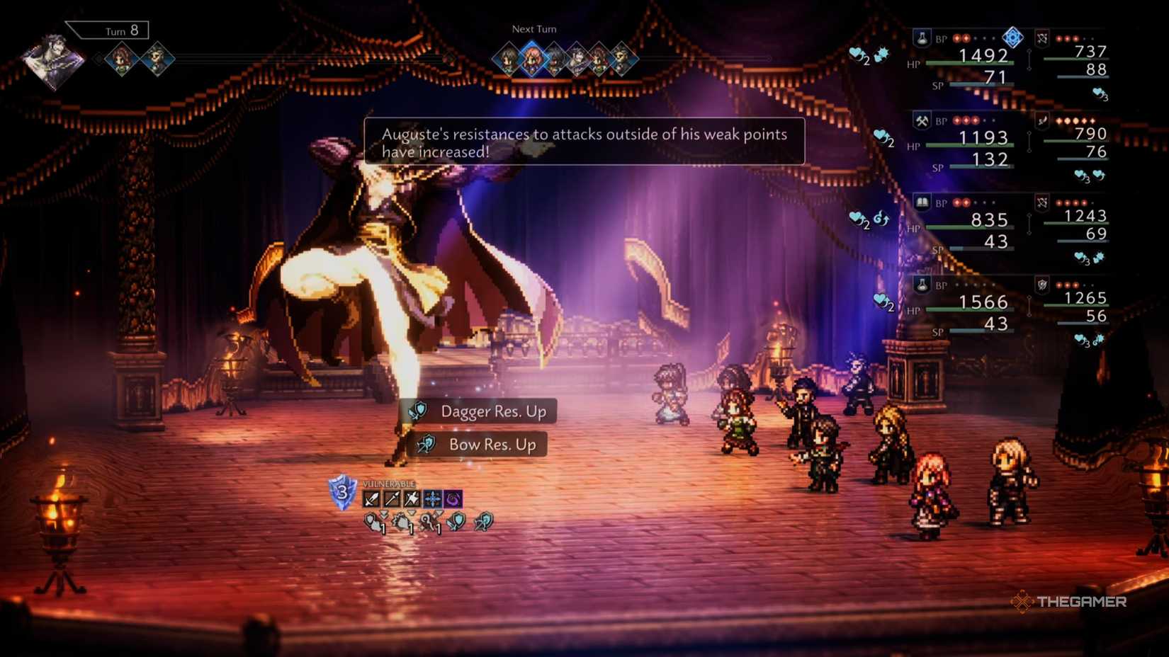 Огюст Драматург использует свой ход «Увеличенная Защита» в Octopath Traveler 0.