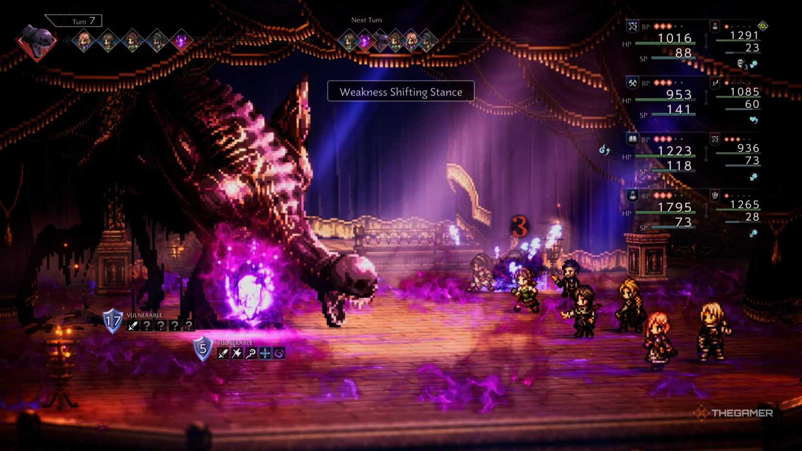 Огюст Принц Воров использует свою атаку «Стойка Смены Слабостей» в Octopath Traveler 0.