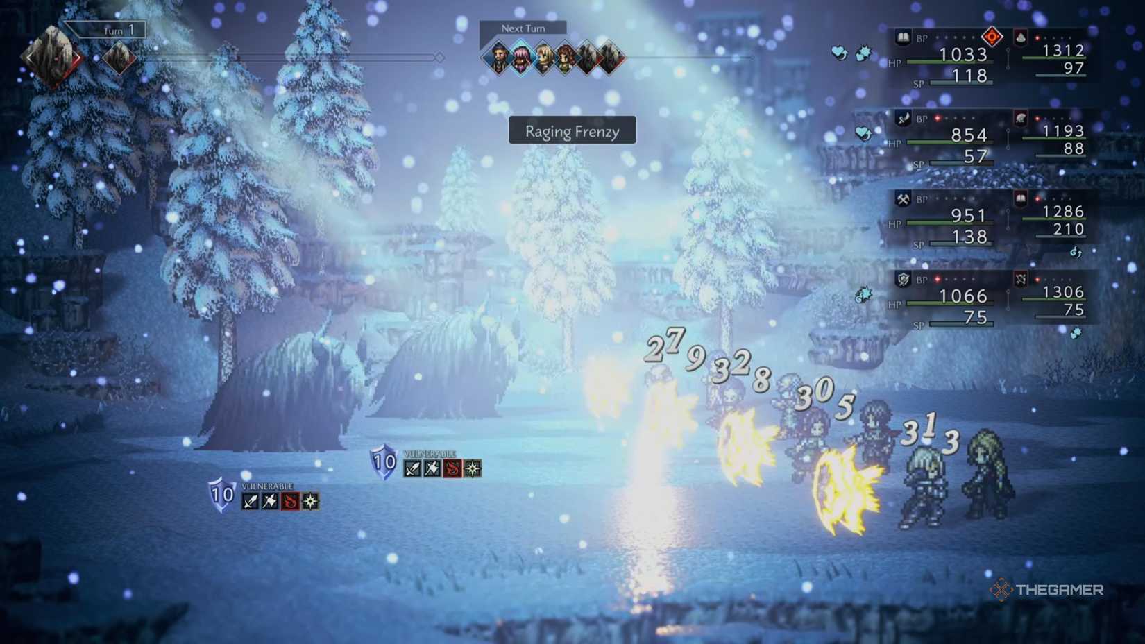 The party fights Snow Yak's in Octopath Traveler 0.