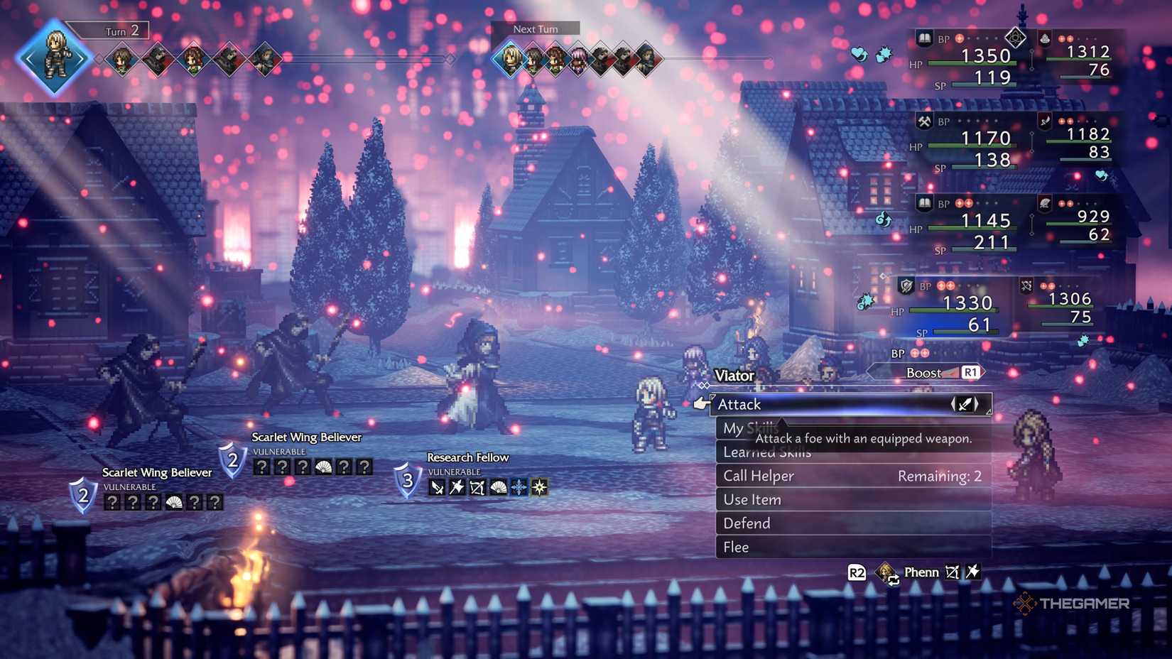 The party fighting enemies in the Ceremonial Square in Octopath Traveler 0.