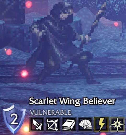 A Scarlet Wing Believer and its weaknesses in Octopath Traveler 0.