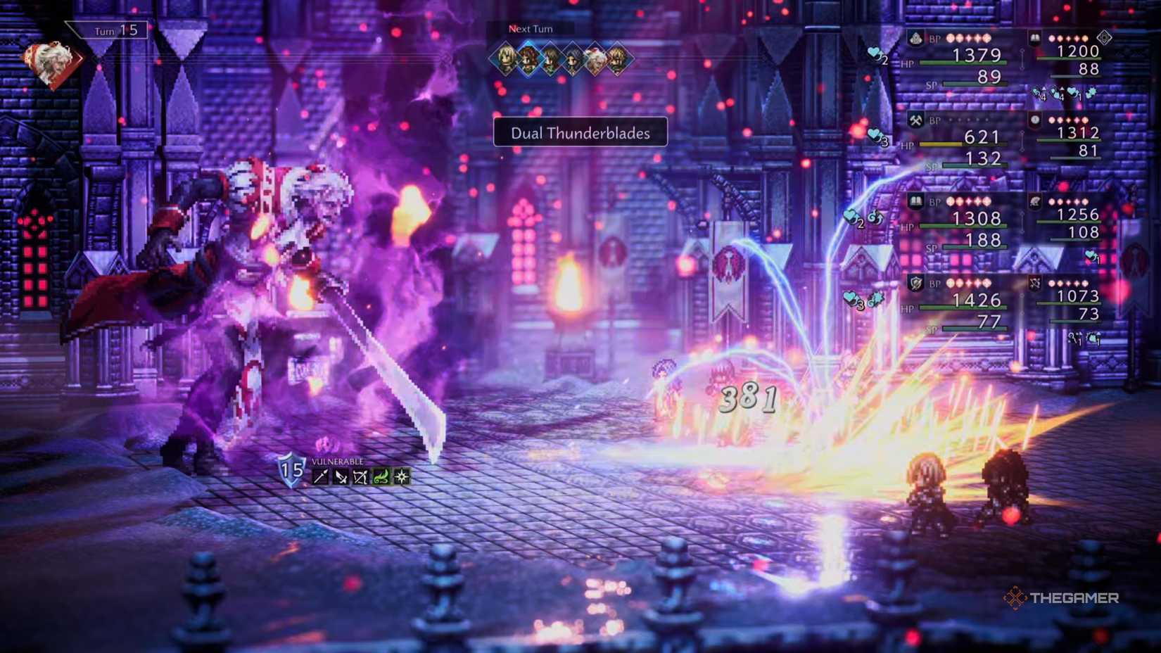 Commander Tytos performs Dual Thunderblades against the party in Octopath Traveler 0.