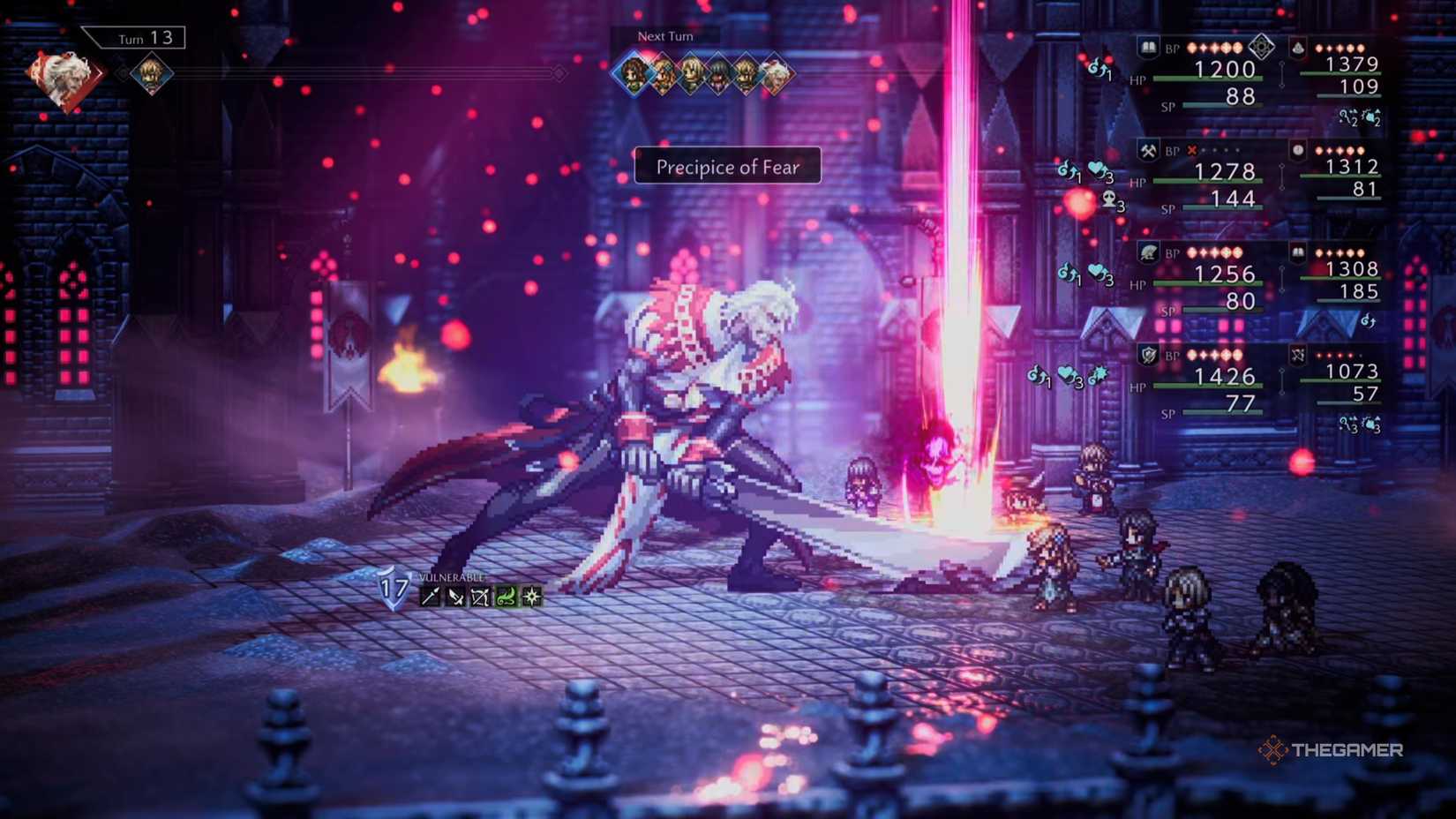 Commander Tytos performs Precipice of Fear against the party in Octopath Traveler 0.