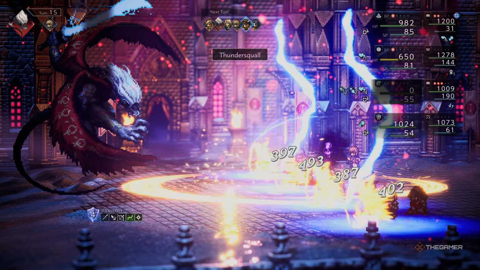 Tytos the Thunderblade uses Thundersquall in Octopath Traveler 0.