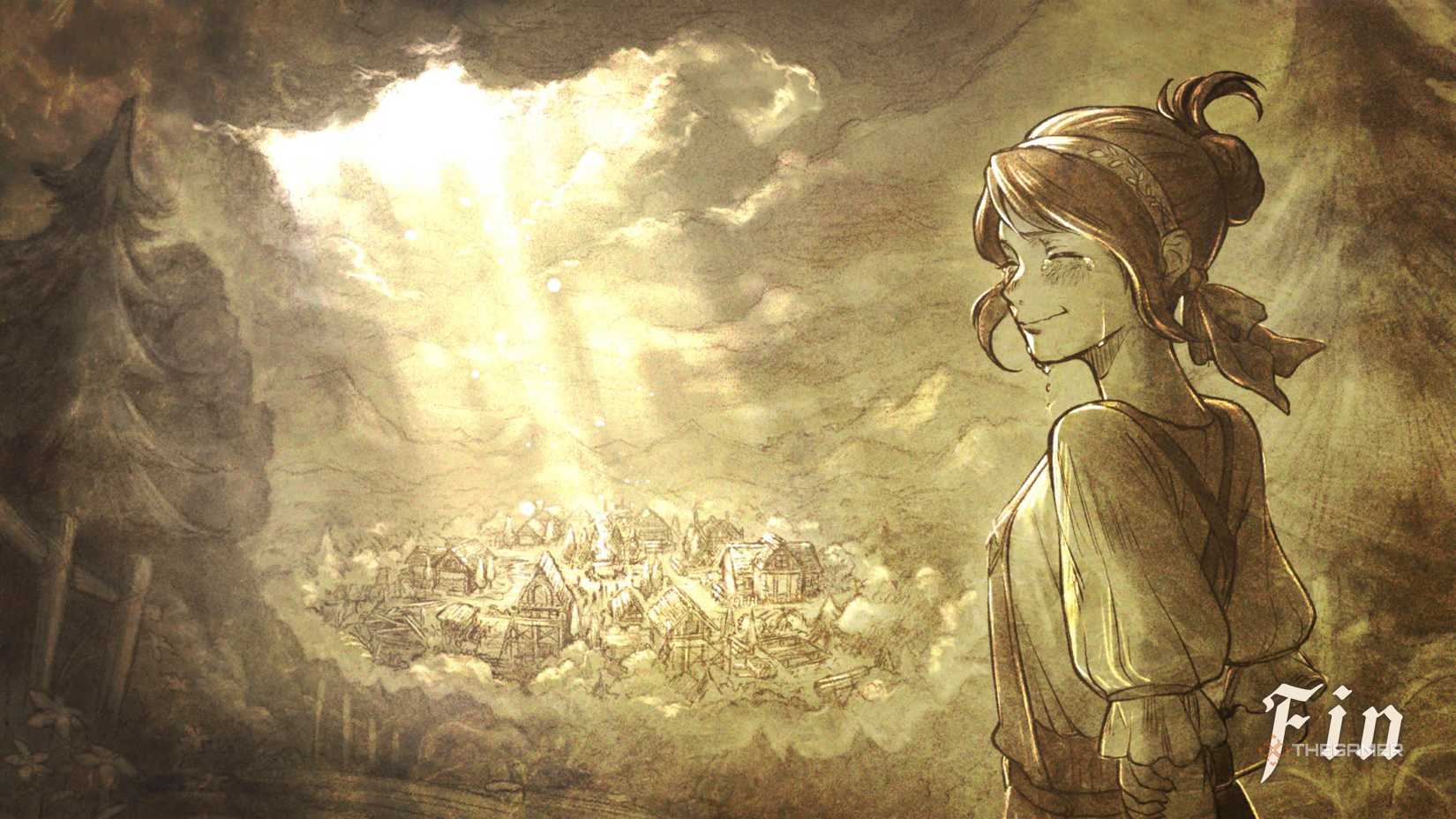 Stia crying with the town behind her in artwork from Octopath Traveler 0.