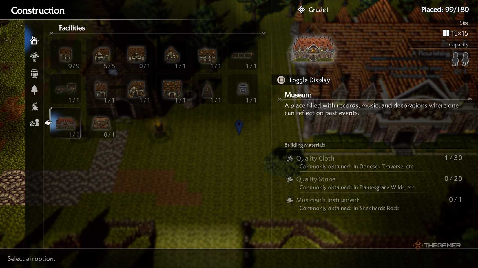 The town building facilities screen in Octopath Traveler 0 showing all facilities and materials needed.