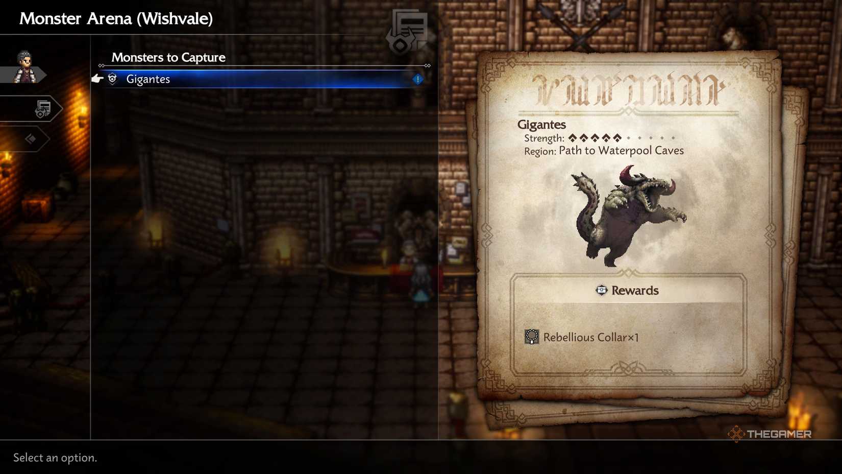 The monsters to capture page in the monster arena in Octopath Traveler 0.