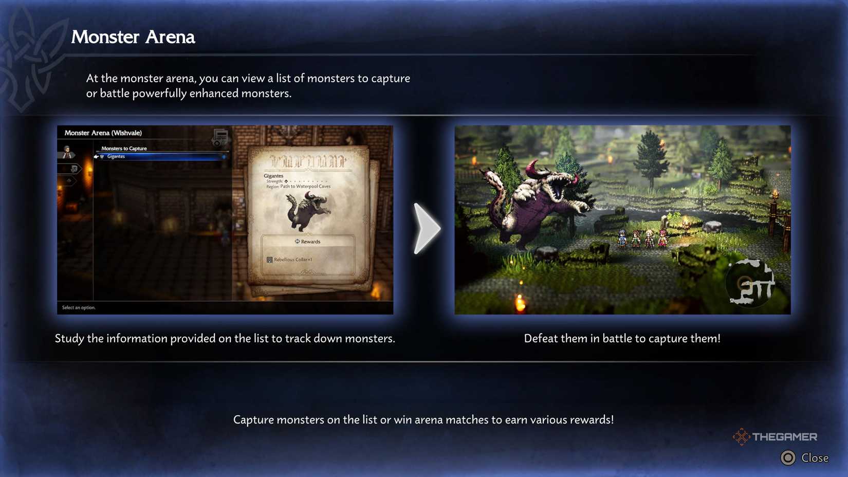 The monster arena description page in Octopath Traveler 0.