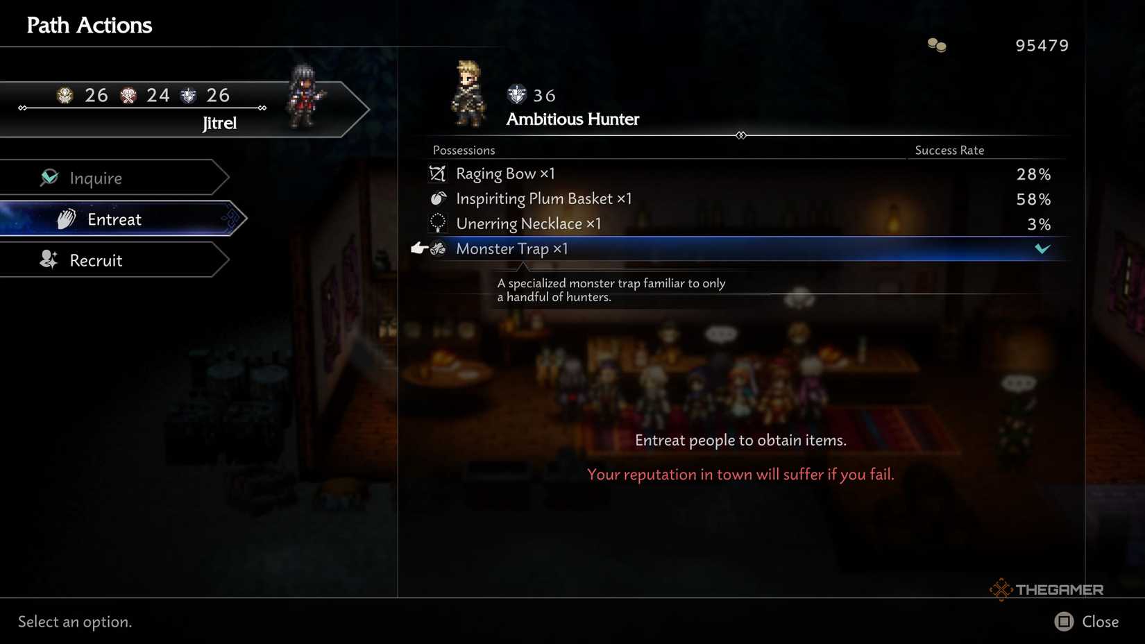 The protagonist getting the monster trap from the Ambitious Hunter in Octopath Traveler 0.