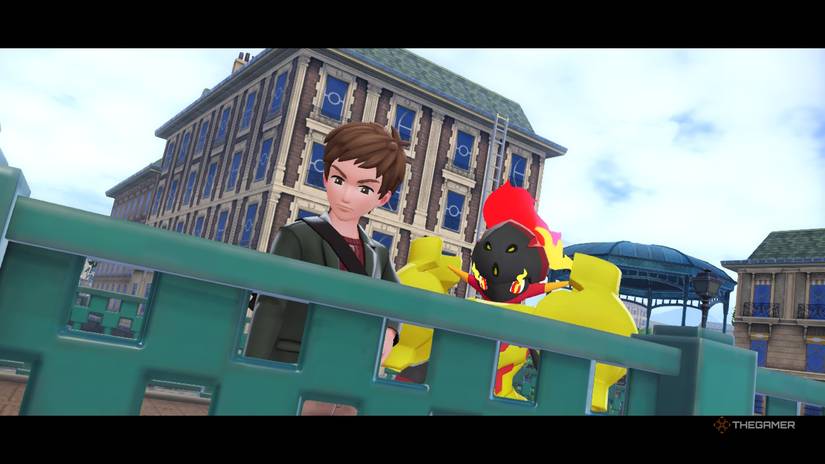 Arden and Armarouge looking over the edge of a bridge in Pokemon Legends: Z-A.