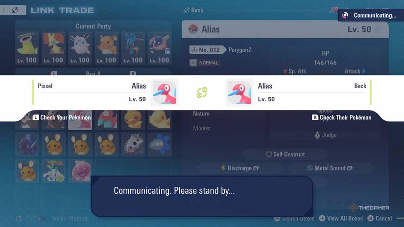 Two people trading Porygon2 in Pokemon Legends: Z-A.