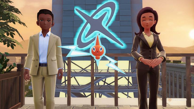 Two trainers standing beside a Rotom in Pokemon Legends: Z-A.
