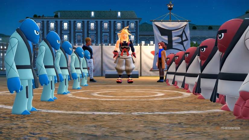 Ivor and two NPCs standing next to a row of Throh and Sawk in Pokemon Legends_ Z-A.