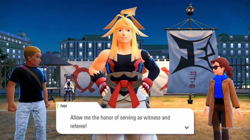 Ivor standing between two NPCs in Pokemon Legends_ Z-A.