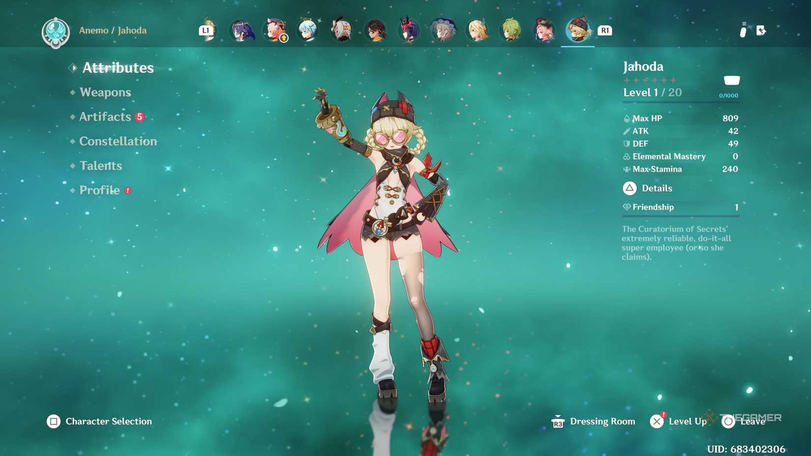 Jahoda posing on the attributes screen in Genshin Impact.