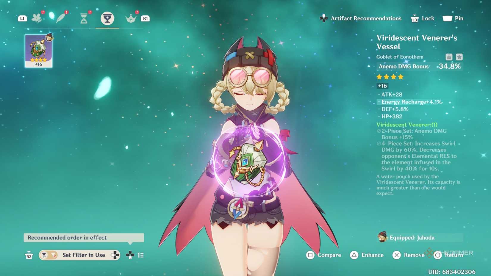 Jahoda using a Viridescent Venerer goblet for her recommended artifact set in Genshin Impact.