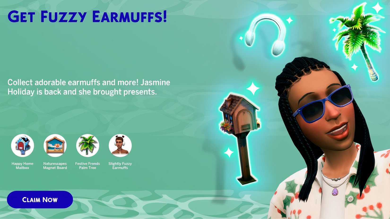 Jasmine Holiday on a slide for the deck the palms event in The Sims 4.