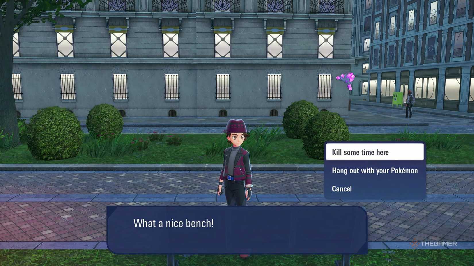 Killing time at a bench in Pokemon Legends: Z-A to re-roll spawns for Spoink and Grumpig.