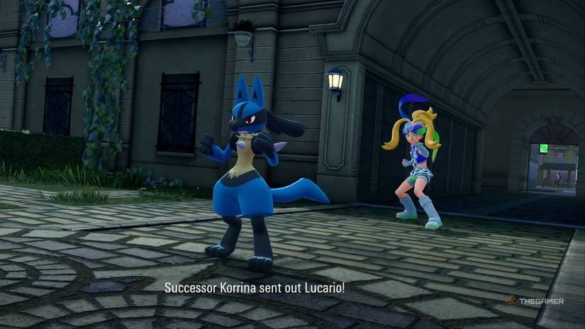 Korrina standing behind her Lucario in a battle in Pokemon Legends_ Z-A.
