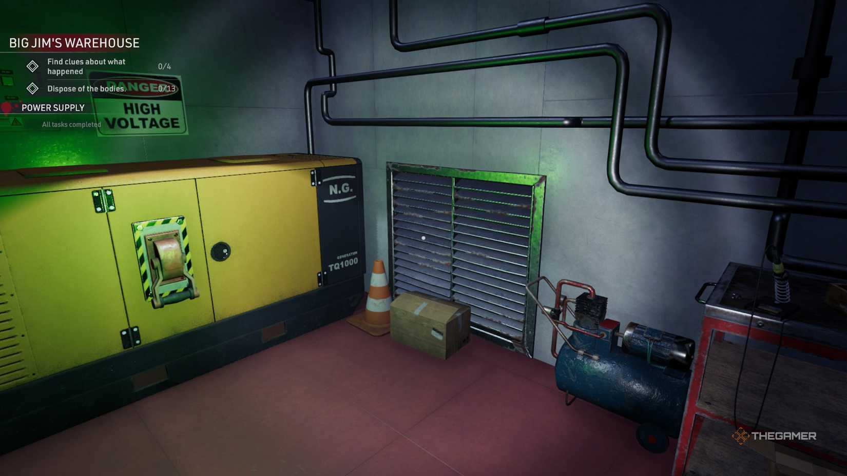 Kovalsky is looking at the vent shaft cover next to the generator in Crime Scene Cleaner.