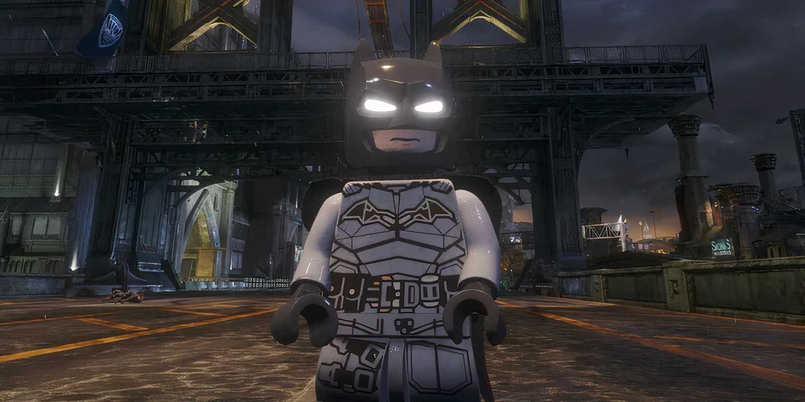 The Robert Pattinson version of Batman in Lego form as seen in Arkham Knight.