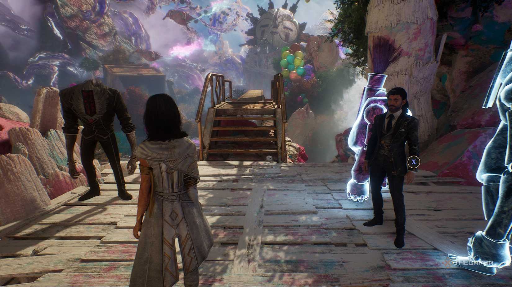 Lune looking at the diving board in Clair Obscur Expedition 33.