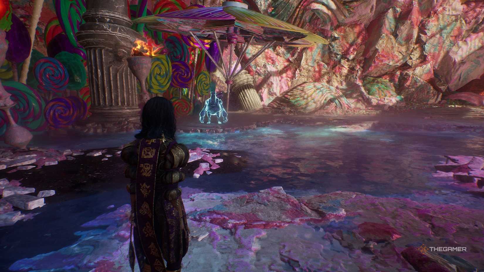 Lune looking over at Monsieur Frappe in Clair Obscur Expedition 33.