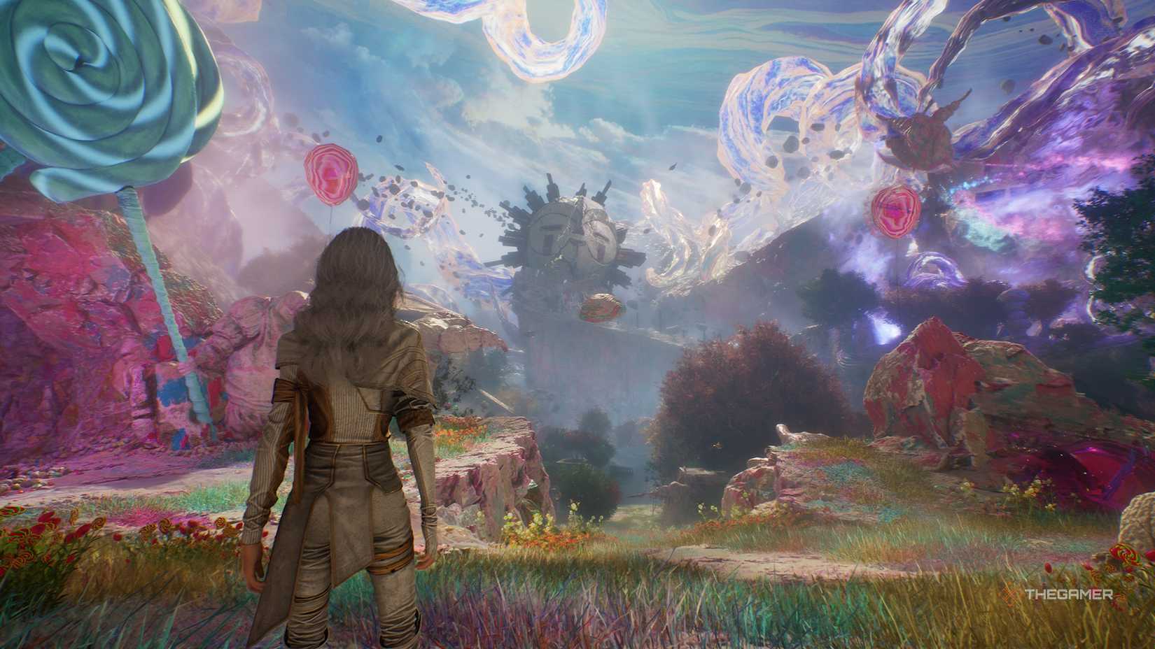 Maelle looking at mountain containing Osquio's head in Clair Obscur Expedition 33.