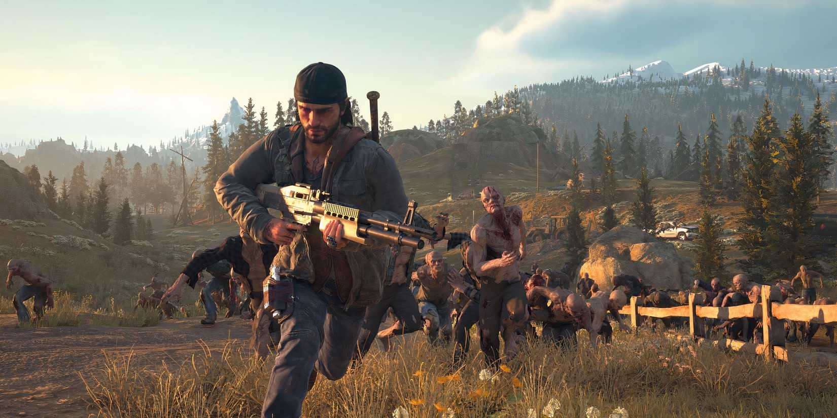 Main character Deacon running from Freakers with his shotgun in hand in Days Gone