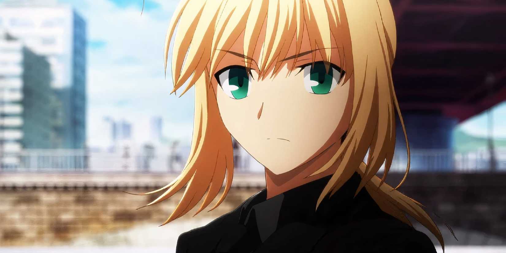 Saber Artoria Pendargon from Fate/Zero in the opening of the show, looking at the camera.