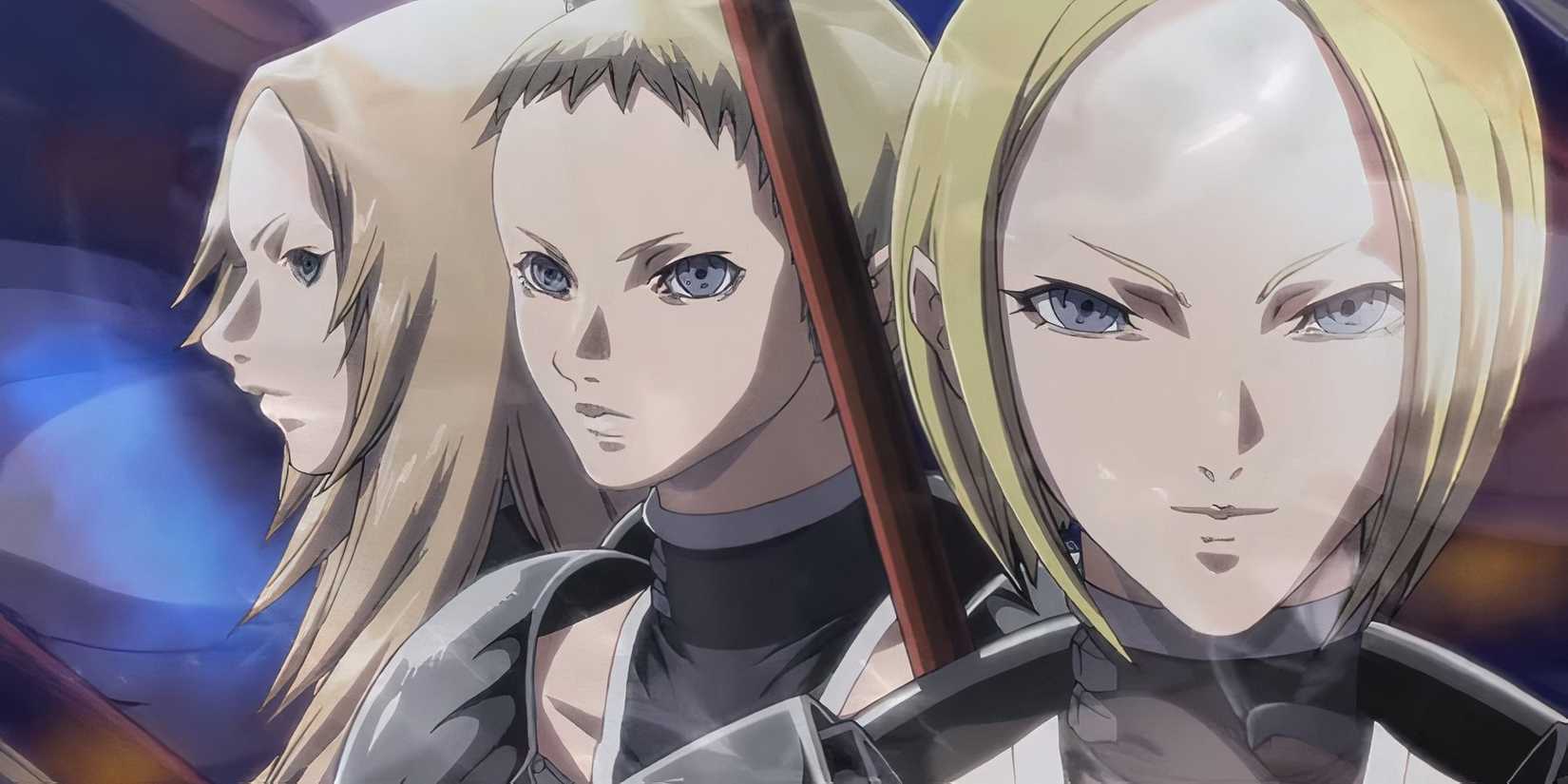 main Claymore characters' in the opening of the show, standing adjacent to each other.