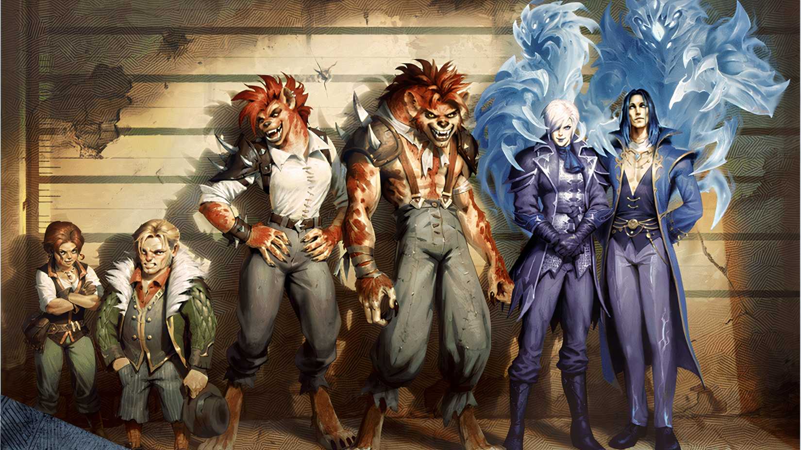 A lineup of criminals agaisnt a wall in Sharn from DND.