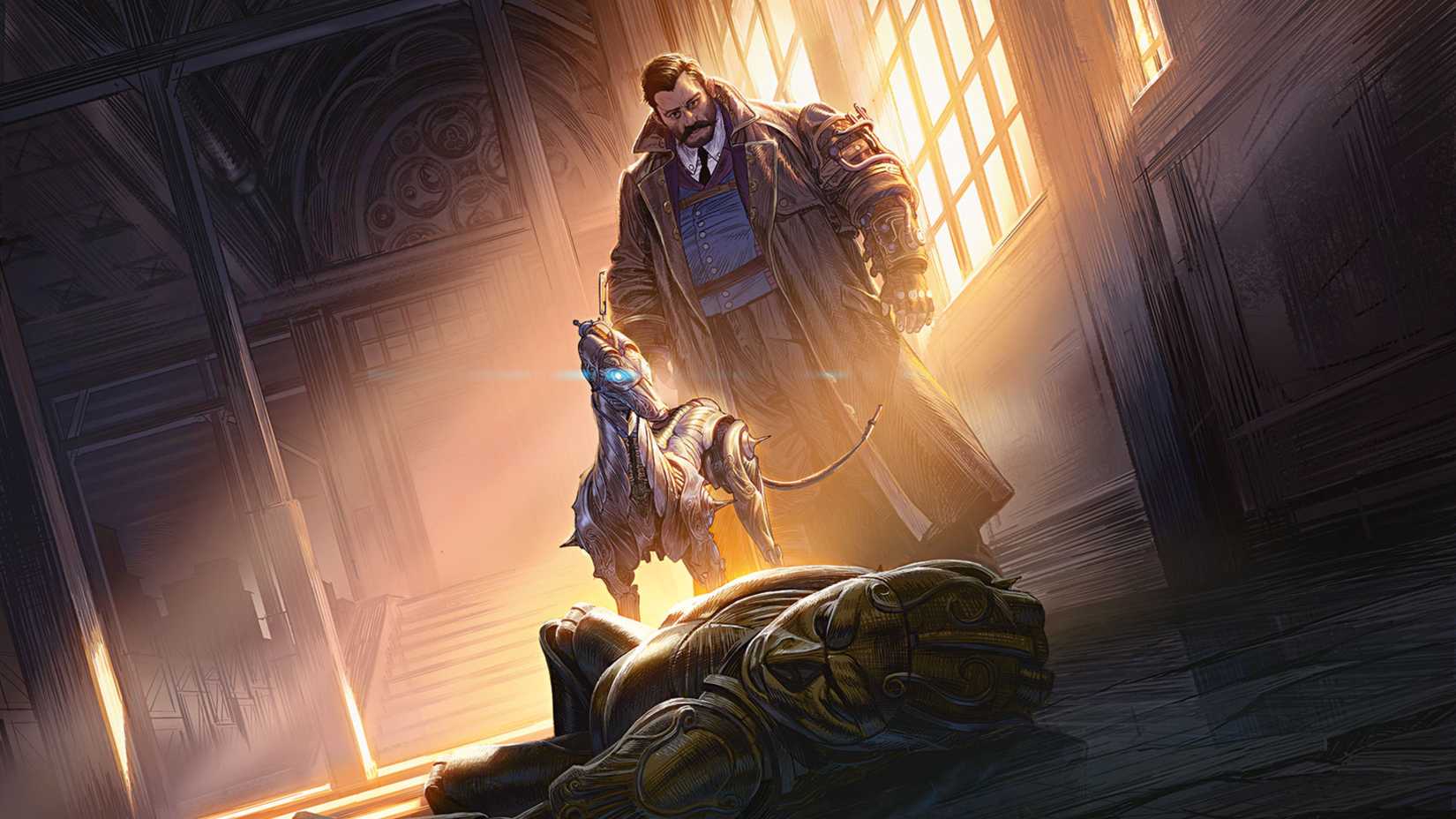 A Battlesmith and its mechanical pet looking at a body in DND.