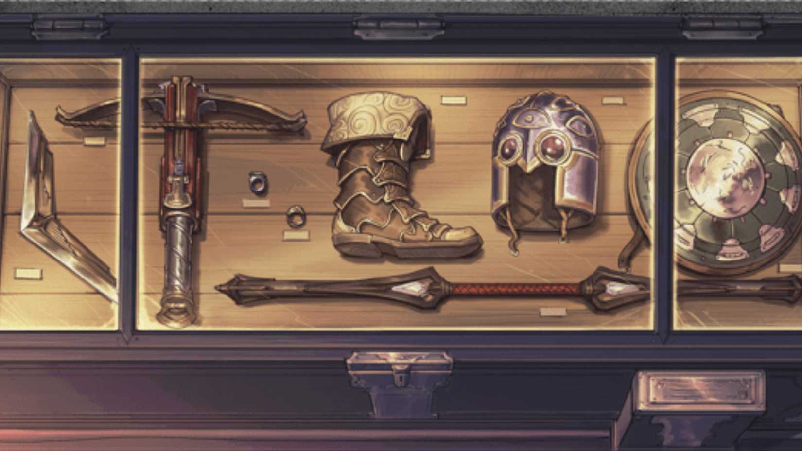 Several magic items in a display case in DND.