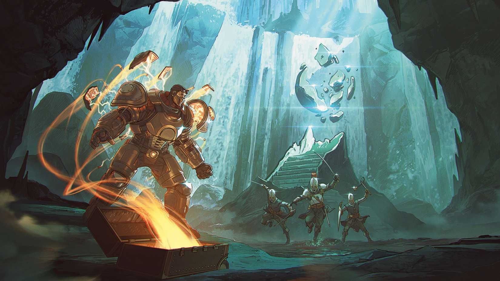 An Artificer Armorer fighting a group of enemies running toward him in DND.