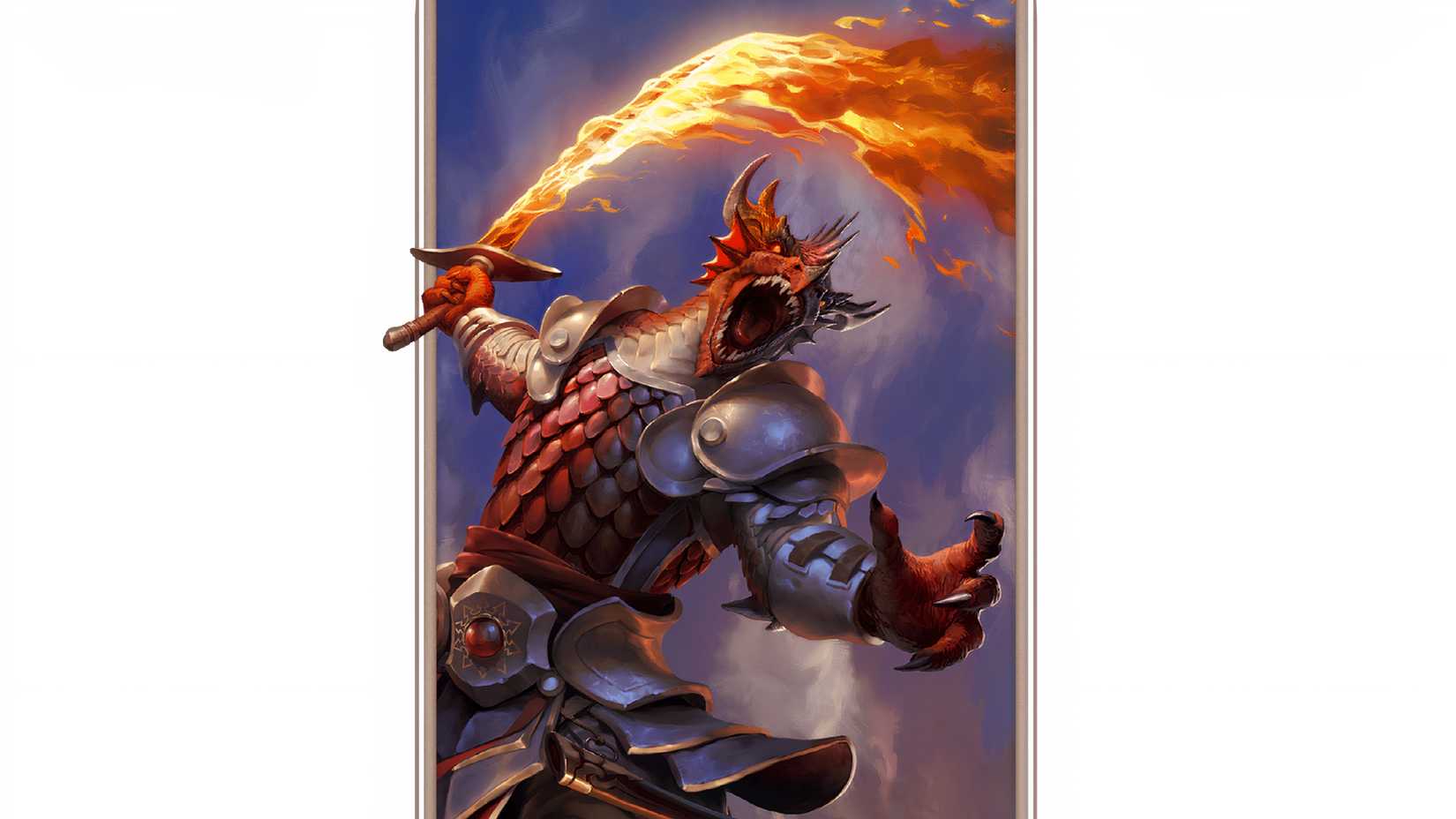 A Dragonborn Oath of the Noble Genie Paladin swings a flaming sword in DND.