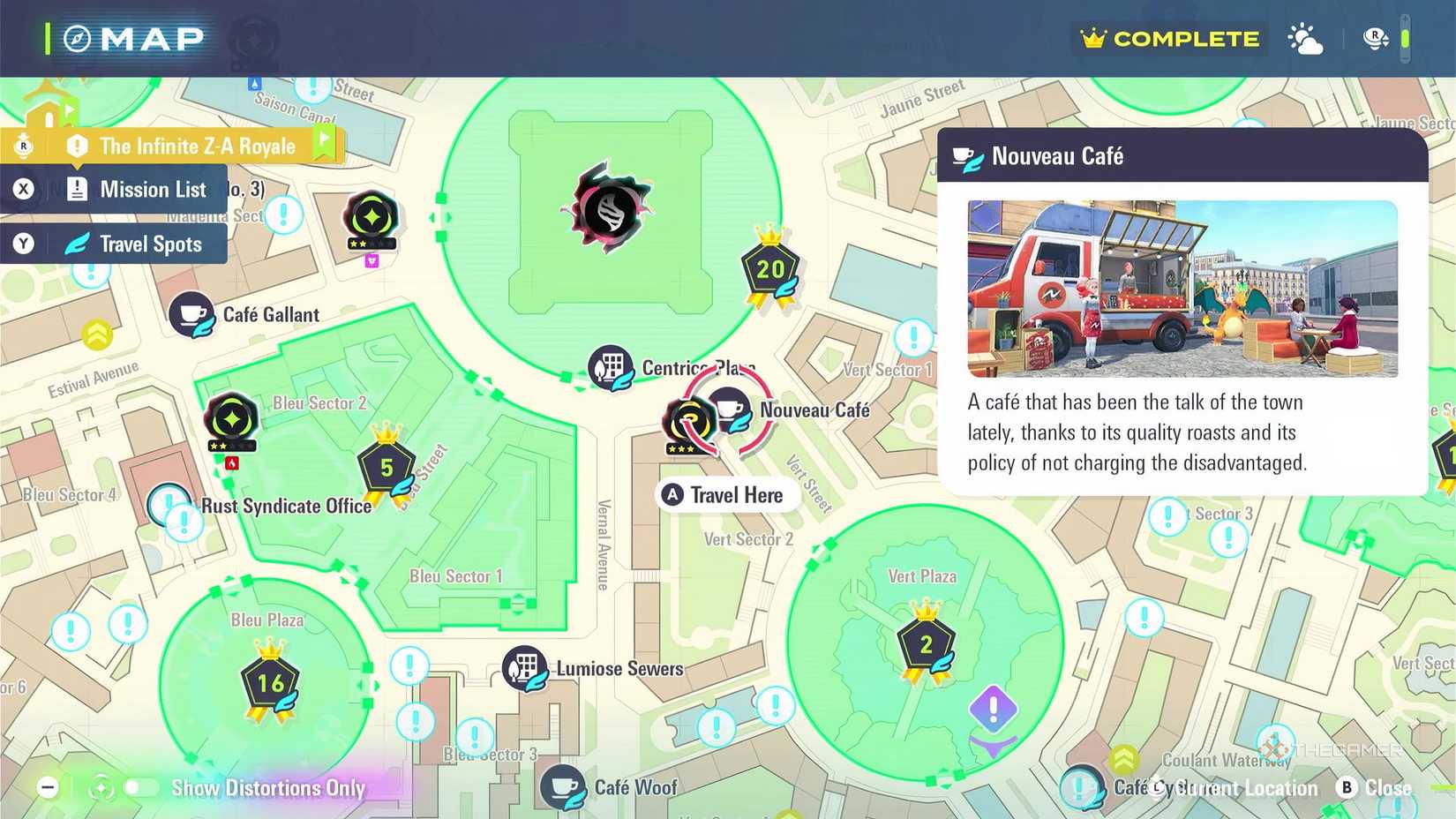 Nouveau Cafe in Pokemon Legends Z-A, the best fast travel location for bench re-rerolls to spawn Mudkip in the Mega Dimension DLC.