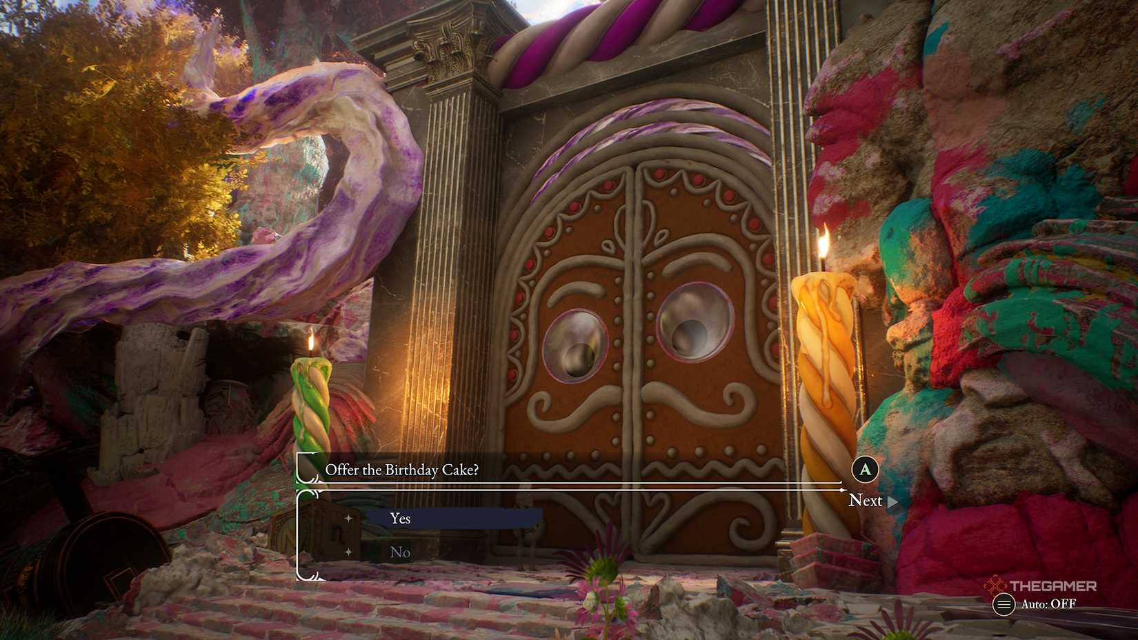 Offering a birthday cake to a gingerbread door in Clair Obscur: Expedition 33.