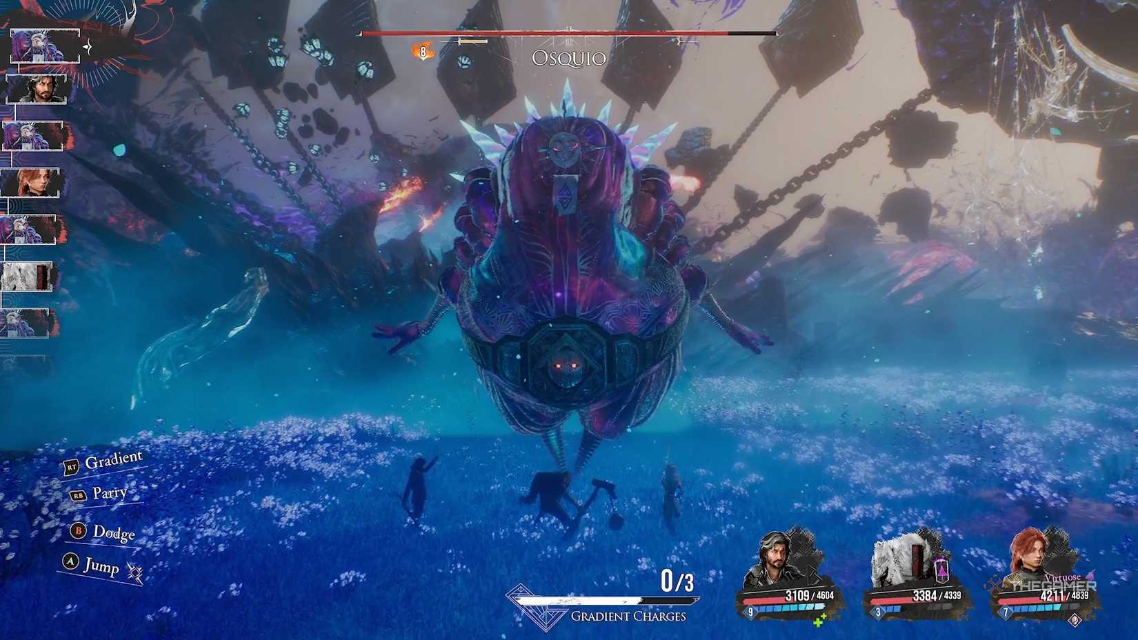 Osquio floating over party before he attacks in Clair Obscur Expedition 33.