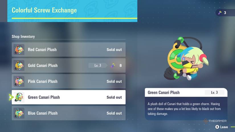 Fully maxed out Green Canari Plush in Pokemon Legends: Z-A.