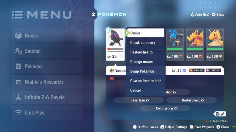 The option to evolve Galarian Yamask in the menu in Pokemon Legends: Z-A.