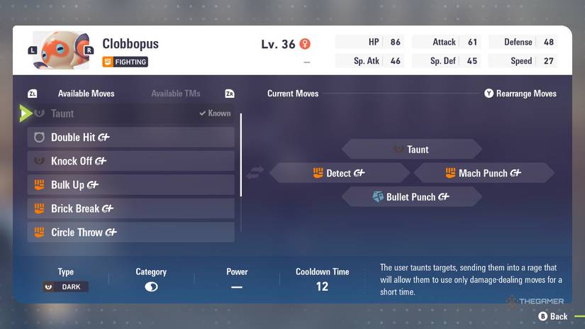Teaching Clobbopus Taunt in Pokemon Legends: Z-A.