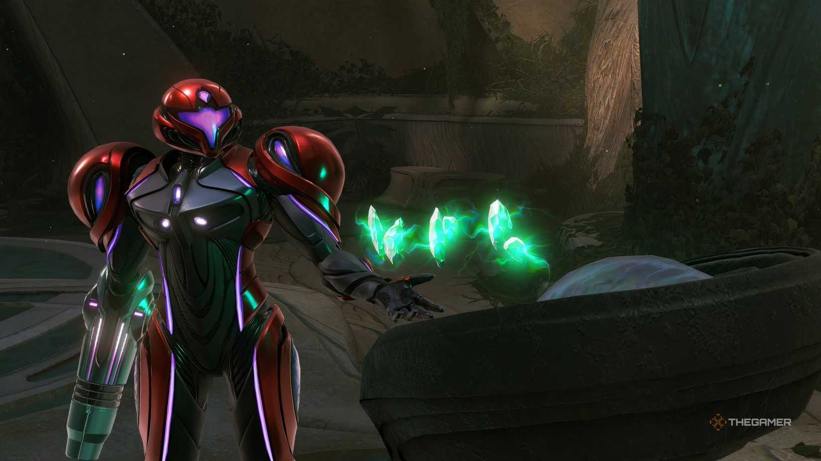 Samus depositing Green Energy Crystals into an Altar in Metroid Prime 4.